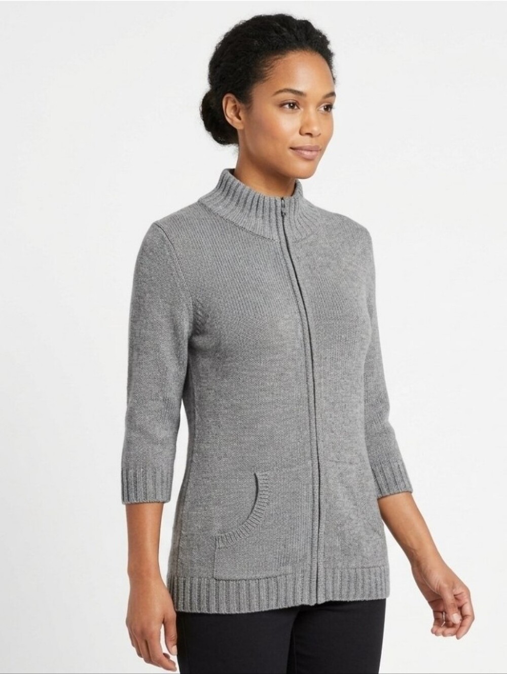 Banana Republic Women's Gray Cardigan Jacket Med Full Zip 3/4 Sleeve Cotton M